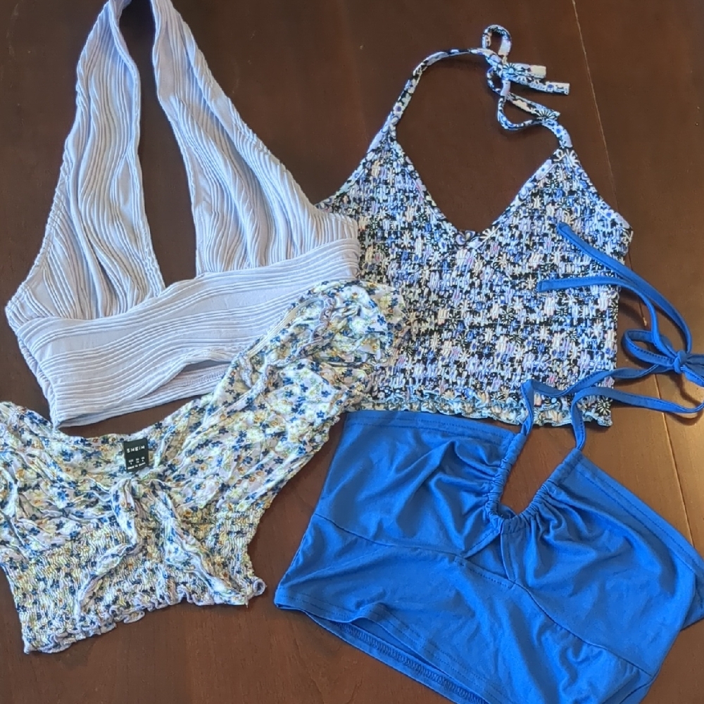 Summer Set of Four Crop Tank Tops in Shades Of Blue and Lilac Size Small